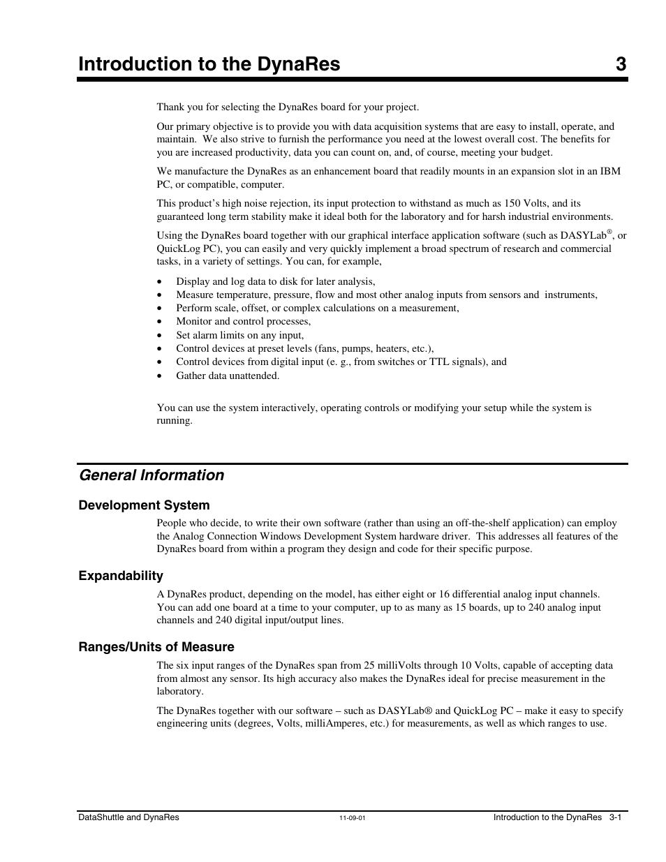Chapter 3 - introduction to the dynares, General information, Development system | Expandability, Ranges/units of measure, Introduction to the dynares 3 | Measurement Computing DataShuttle User Manual | Page 37 / 126