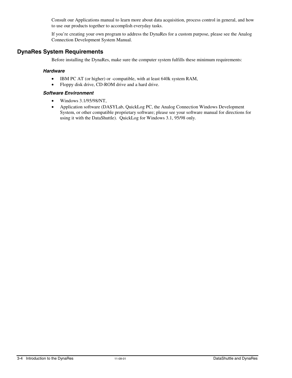 Dynares system requirements, Hardware, Software environment | Measurement Computing DataShuttle User Manual | Page 40 / 126