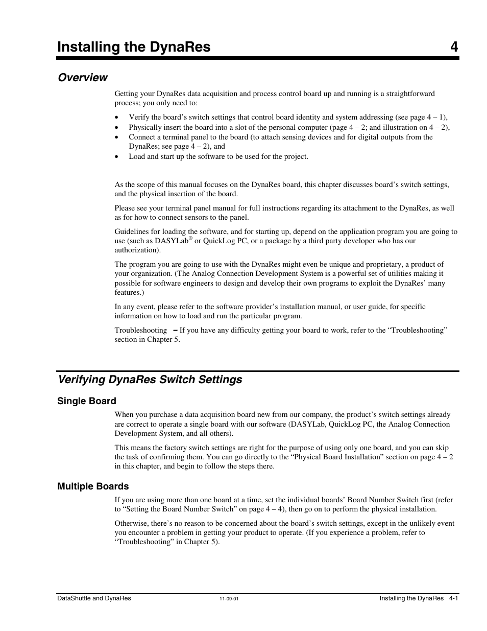 Chapter 4 - installing the dynares, Overview, Verifying dynares switch settings | Single board, Multiple boards, Installing the dynares 4 | Measurement Computing DataShuttle User Manual | Page 41 / 126