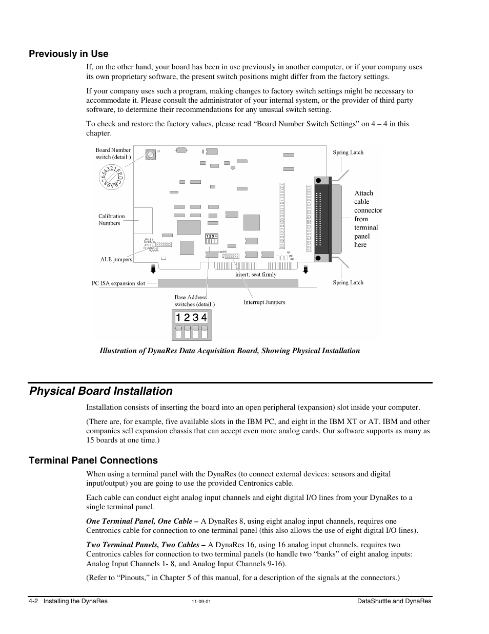 Previously in use, Physical board installation, Terminal panel connections | Measurement Computing DataShuttle User Manual | Page 42 / 126