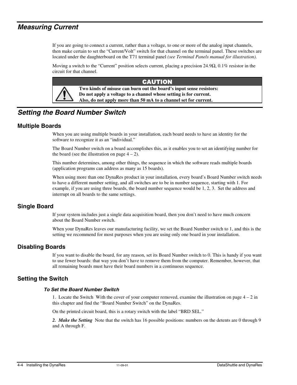 Measuring current, Setting the board number switch, Multiple boards | Single board, Disabling boards, Setting the switch, To set the board number switch | Measurement Computing DataShuttle User Manual | Page 44 / 126