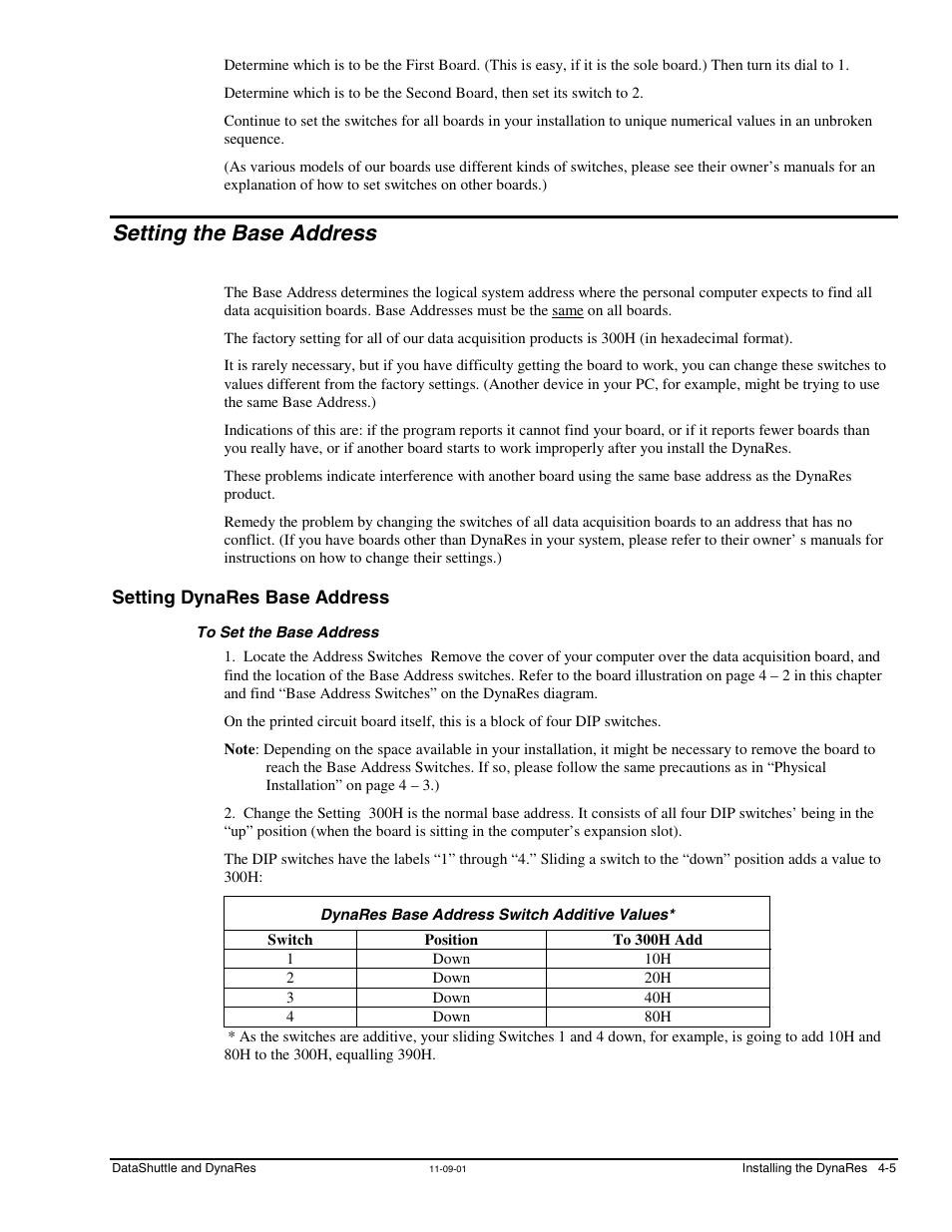 Setting the base address, Setting dynares base address, To set the base address | Dynares base address switch additive values | Measurement Computing DataShuttle User Manual | Page 45 / 126