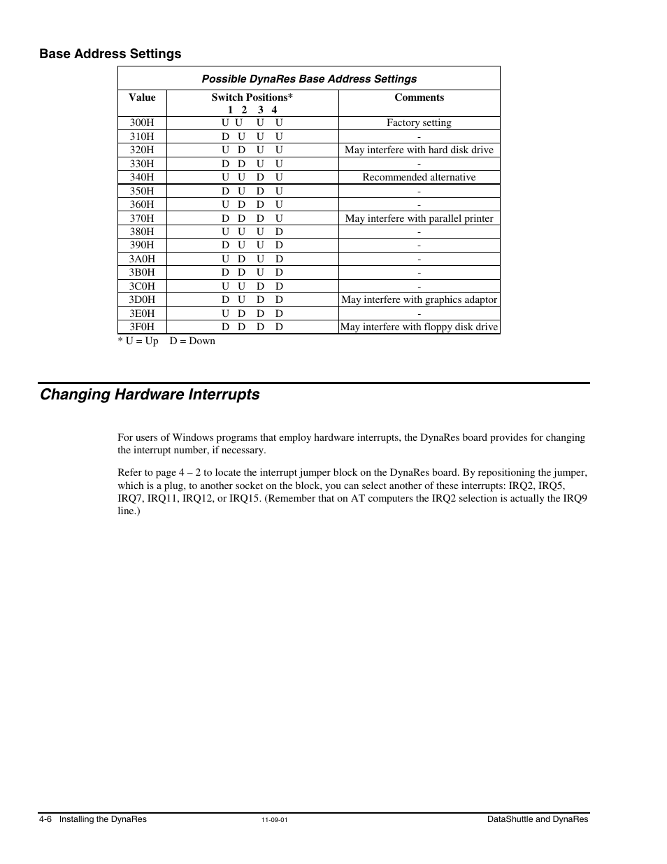 Base address settings, Possible dynares base address settings, Changing hardware interrupts | Measurement Computing DataShuttle User Manual | Page 46 / 126