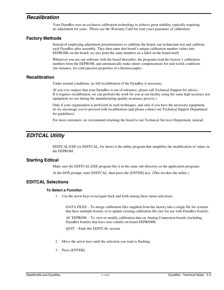 Recalibration, Factory methods, Editcal utility | Starting editcal, Editcal selections, To select a function | Measurement Computing DataShuttle User Manual | Page 49 / 126