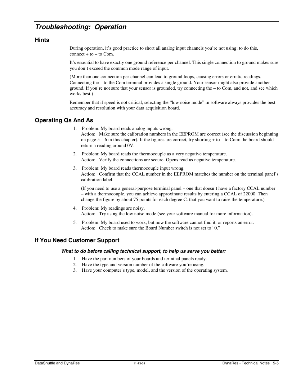 Troubleshooting: operation, Hints, Operating qs and as | If you need customer support, What to do before calling technical support | Measurement Computing DataShuttle User Manual | Page 51 / 126