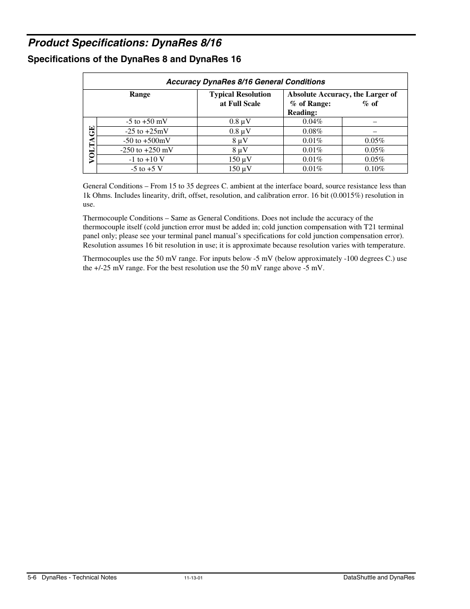 Product specifications: dynares 8/16, Accuracy dynares 8/16 general conditions | Measurement Computing DataShuttle User Manual | Page 52 / 126
