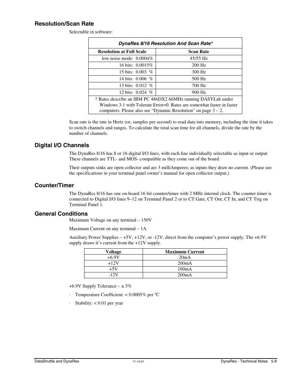 Resolution/scan rate, Dynares 8/16 resolution and scan rate, Digital i/o channels | Counter/timer | Measurement Computing DataShuttle User Manual | Page 55 / 126