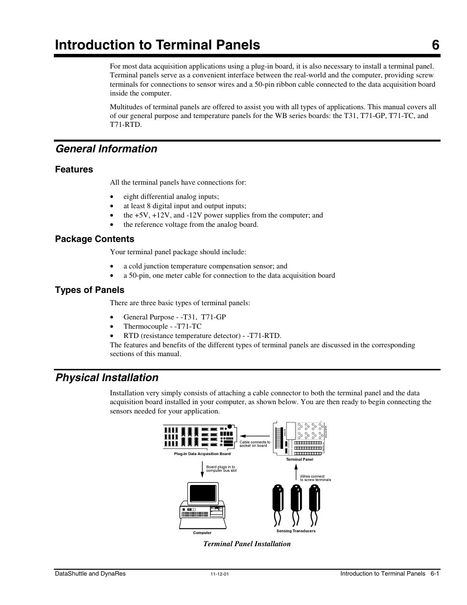 Chapter 6 - introduction to terminal panels, General information, Features | Package contents, Types of panels, Physical installation, Introduction to terminal panels 6 | Measurement Computing DataShuttle User Manual | Page 57 / 126