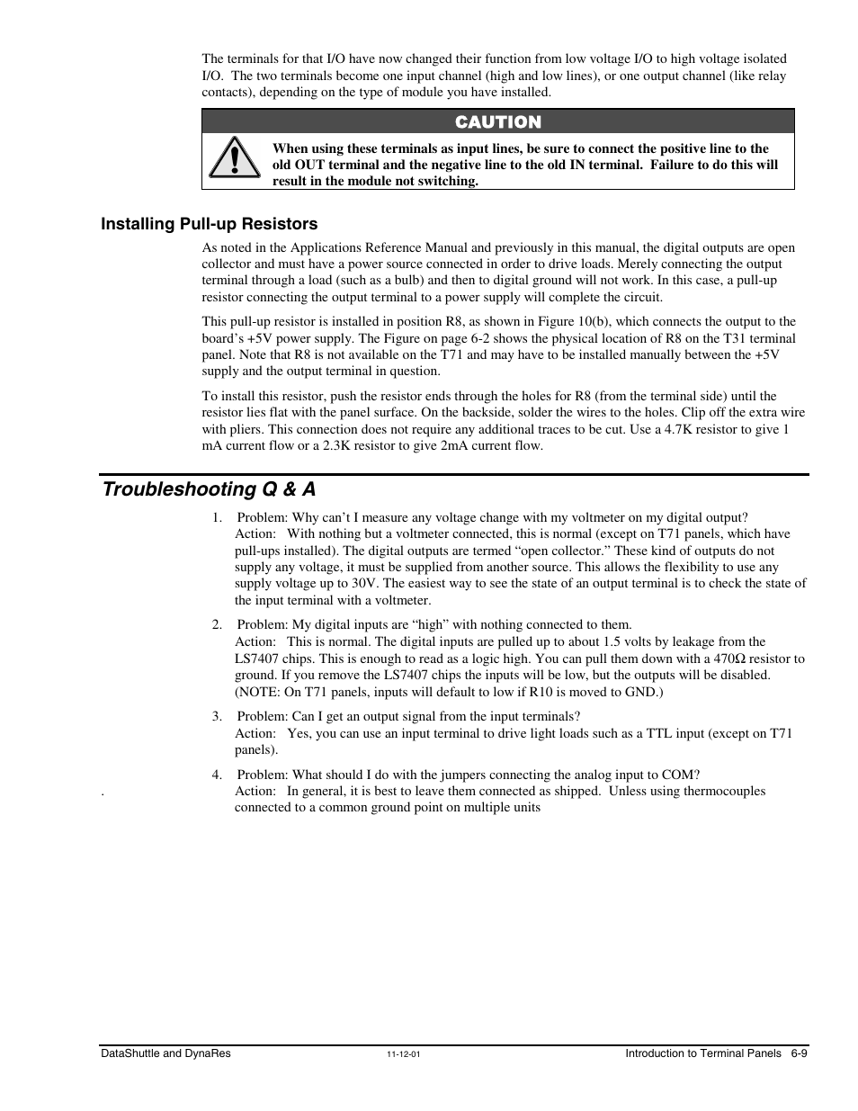 Installing pull-up resistors, Troubleshooting q & as, Troubleshooting q & a | Measurement Computing DataShuttle User Manual | Page 65 / 126