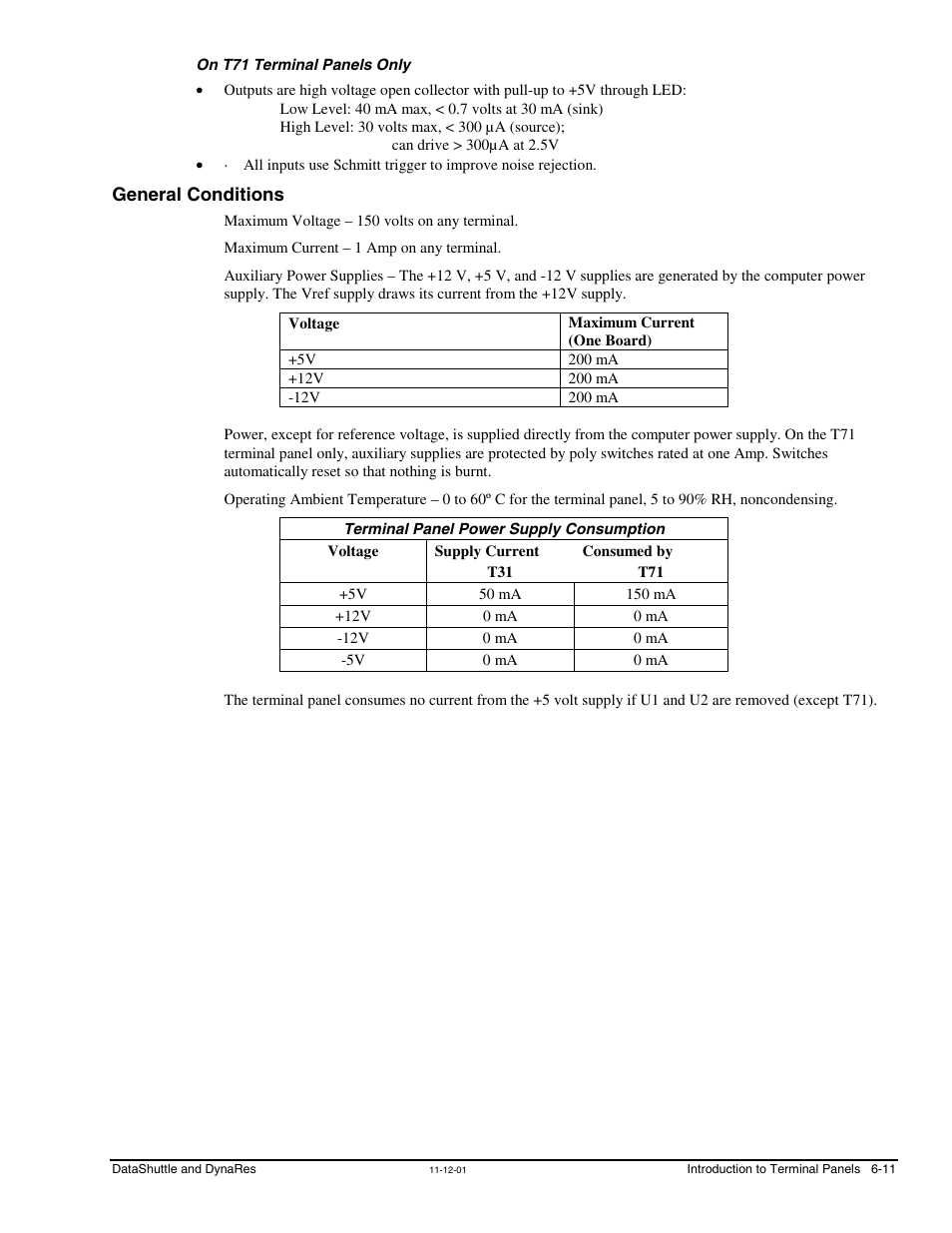 On t71 terminal panels only, General conditions, Terminal panel power supply consumption | Measurement Computing DataShuttle User Manual | Page 67 / 126