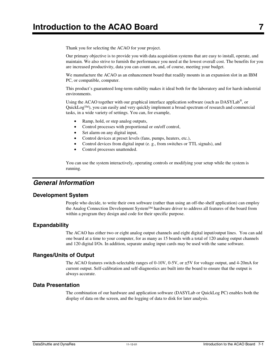 Chapter 7 - introduction to the acao board, General information, Development system | Expandability, Ranges/units of output, Data presentation, Introduction to the acao board 7 | Measurement Computing DataShuttle User Manual | Page 69 / 126