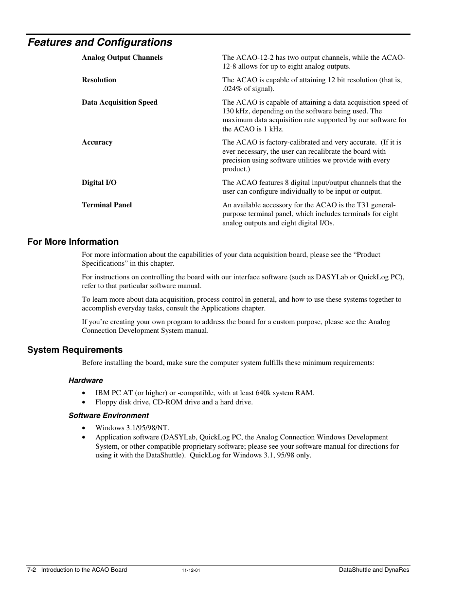 Features and configurations, For more information, System requirements | Hardware, Software environment | Measurement Computing DataShuttle User Manual | Page 70 / 126