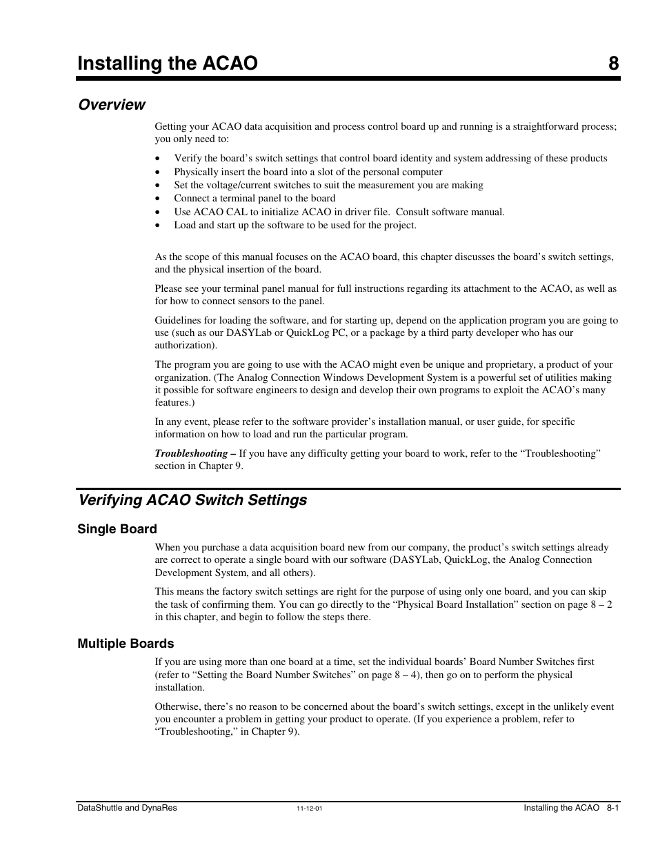 Chapter 8 - installing the acao, Overview, Verifying acao switch settings | Single board, Multiple boards, Installing the acao 8 | Measurement Computing DataShuttle User Manual | Page 71 / 126