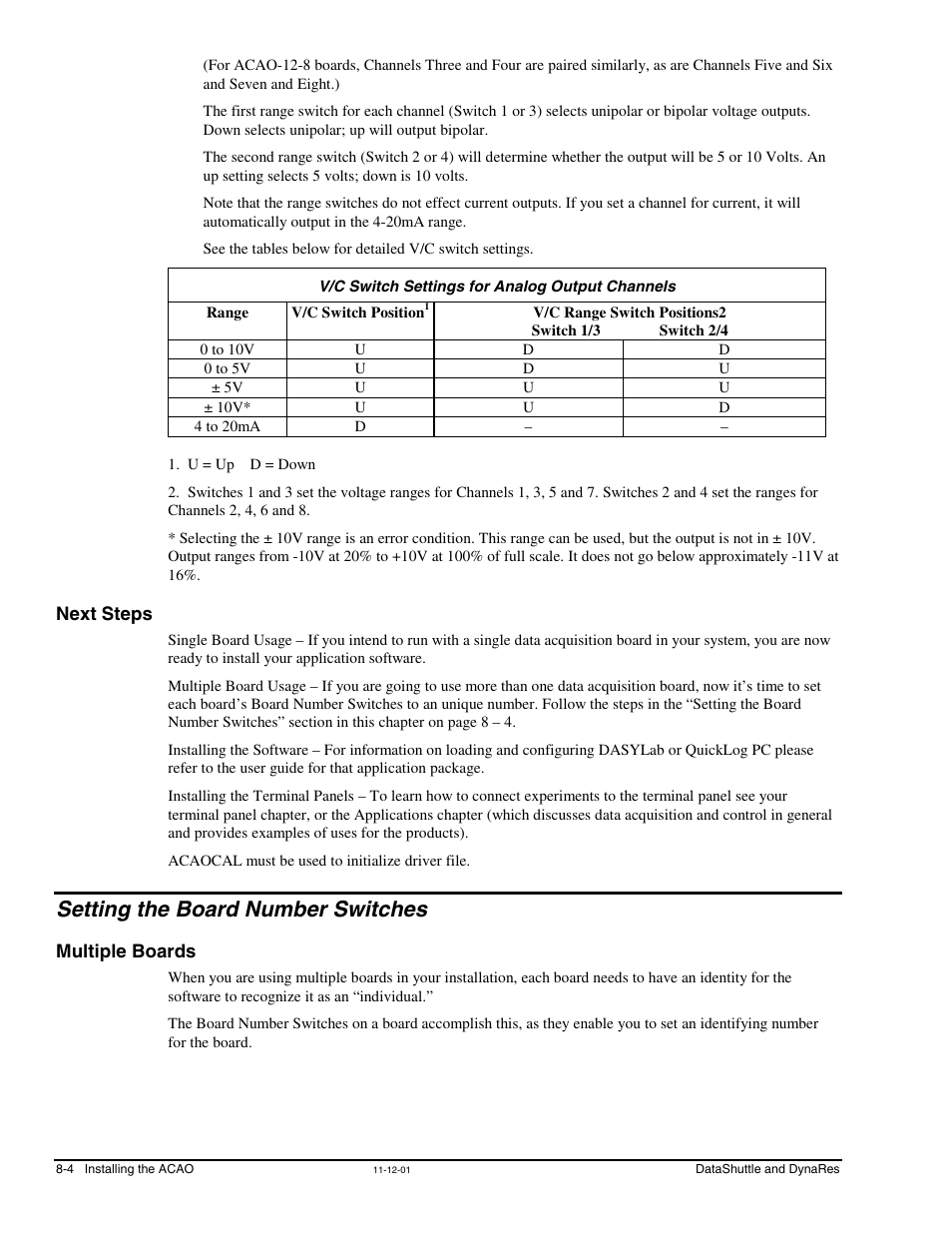 V/c switch settings for analog output channels, Next steps, Setting the board number switches | Multiple boards | Measurement Computing DataShuttle User Manual | Page 74 / 126