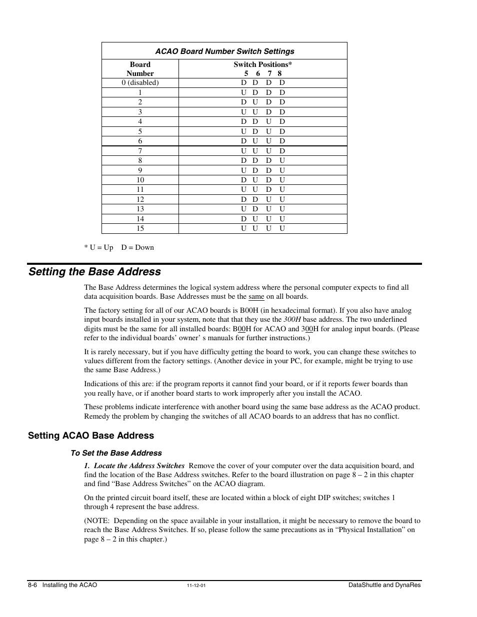 Acao board number switch settings, Setting the base address, Setting acao base address | To set the base address | Measurement Computing DataShuttle User Manual | Page 76 / 126