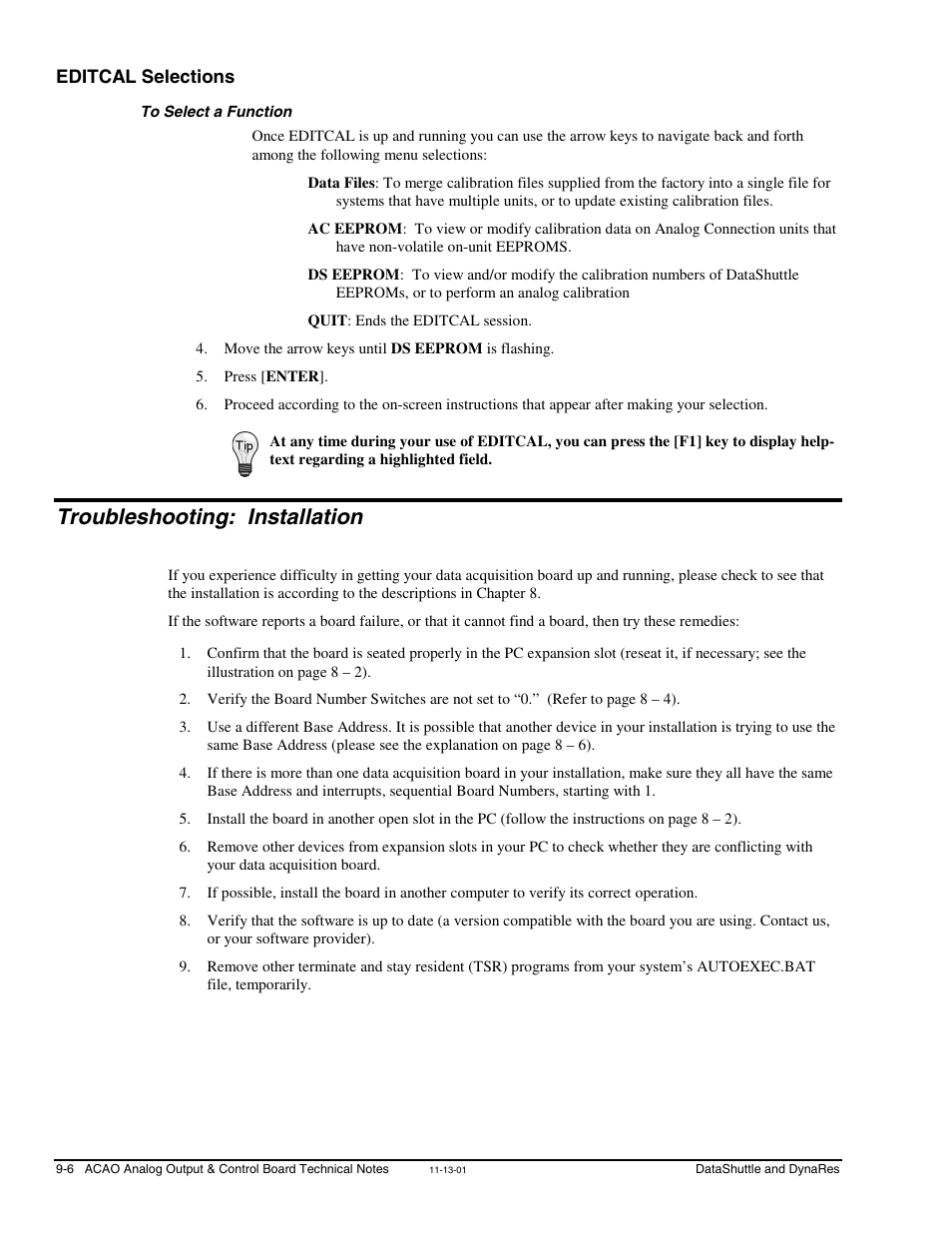 Editcal selections, To select a function, Troubleshooting: installation | Measurement Computing DataShuttle User Manual | Page 84 / 126