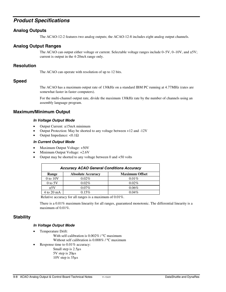Product specifications, Analog outputs, Analog output ranges | Resolution, Speed, Maximum/minimum output, In voltage output mode, In current output mode, Accuracy acao general conditions accuracy, Stability | Measurement Computing DataShuttle User Manual | Page 86 / 126