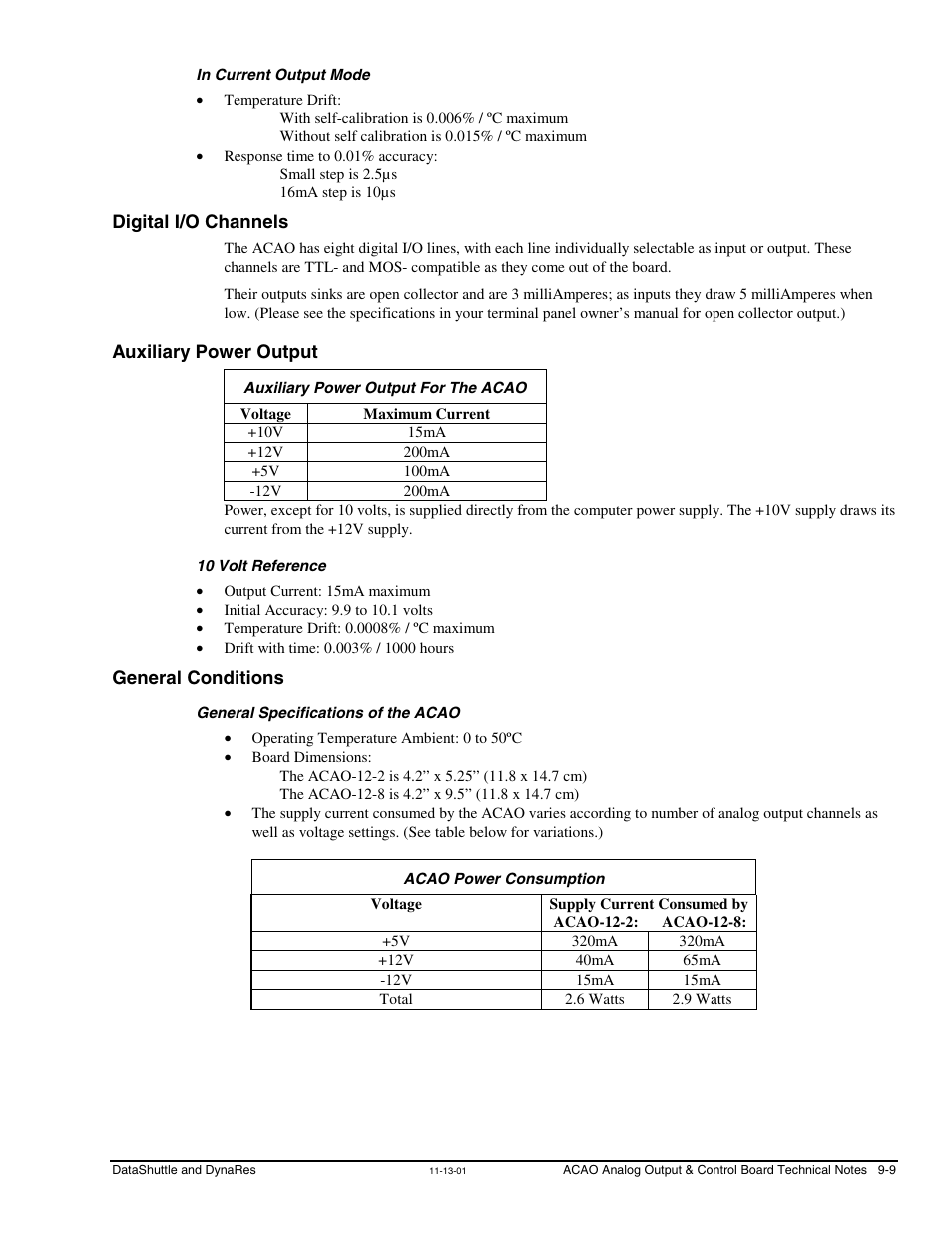 In current output mode, Digital i/o channels, Auxiliary power output | Auxiliary power output for the acao, 10 volt reference, General conditions, General specifications of the acao, Acao power consumption | Measurement Computing DataShuttle User Manual | Page 87 / 126