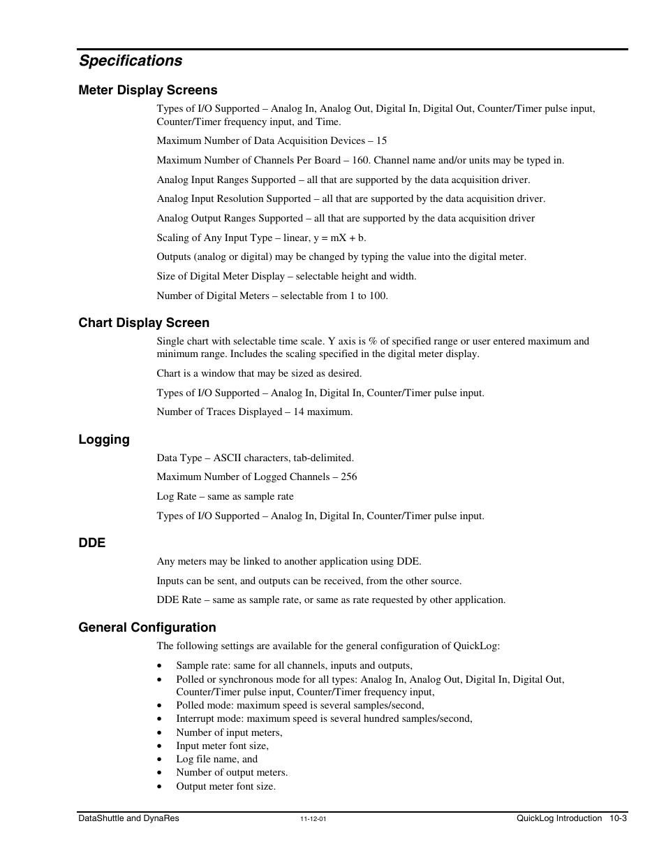Specifications, Meter display screens, Chart display screen | Logging, General configuration | Measurement Computing DataShuttle User Manual | Page 91 / 126