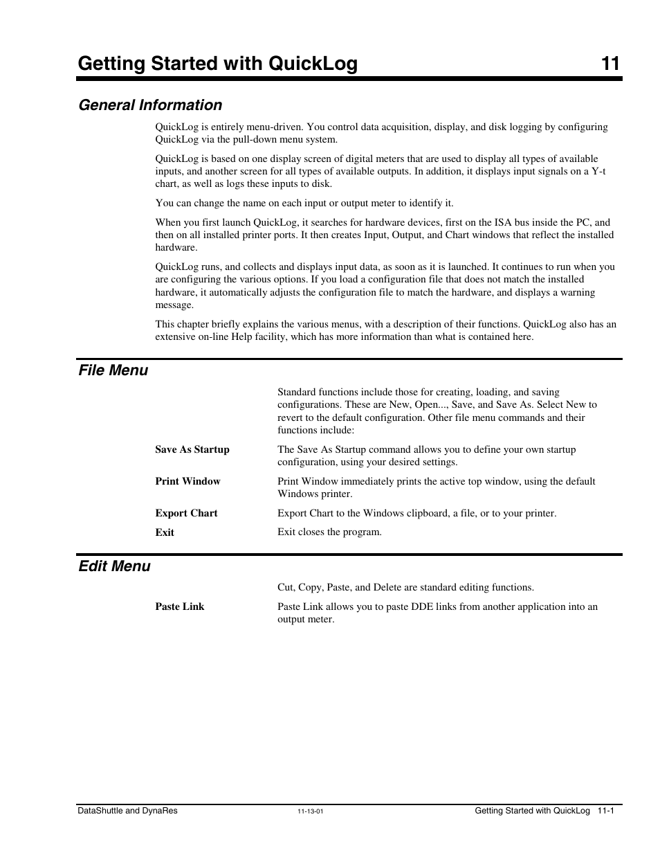 Chapter 11 - getting started with quicklog, General information, File menu | Edit menu, Getting started with quicklog 11 | Measurement Computing DataShuttle User Manual | Page 93 / 126