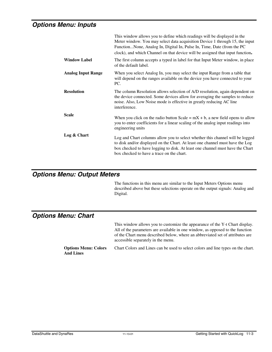 Options menu: inputs, Options menu: output meters, Options menu: chart | Measurement Computing DataShuttle User Manual | Page 95 / 126