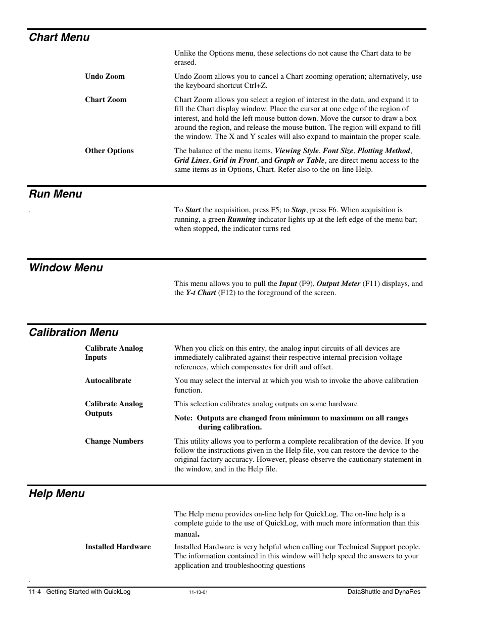 Chart menu, Run menu, Window menu | Calibration menu, Help menu | Measurement Computing DataShuttle User Manual | Page 96 / 126