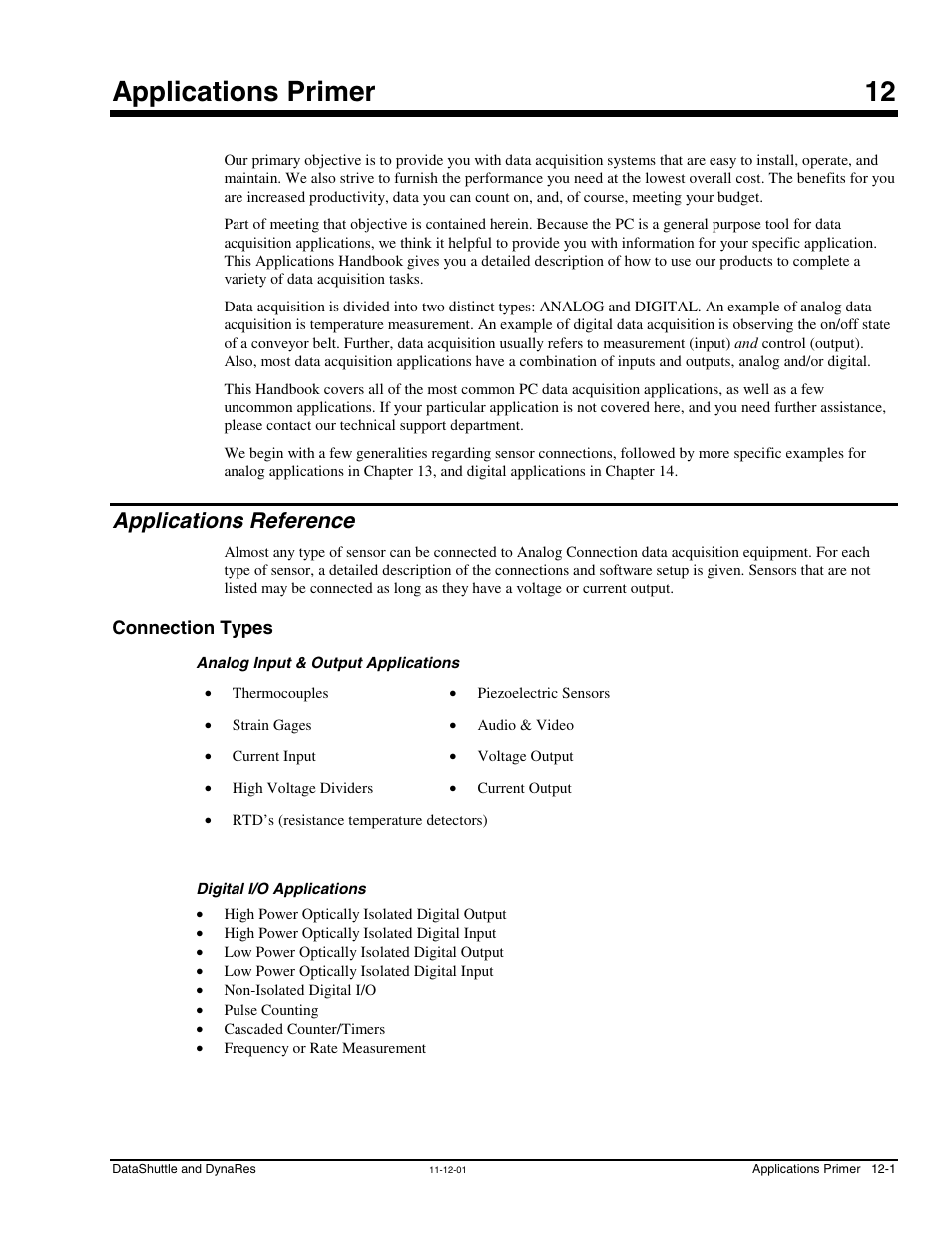 Chapter 12 - applications primer, Applications reference, Connection types | Analog input & output applications, Digital i/o applications, 12 - applications primer, Applications primer 12 | Measurement Computing DataShuttle User Manual | Page 97 / 126