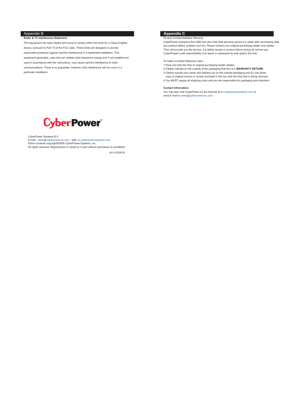 Appendix b, Appendix c | CyberPower Systems CP-H743P User Manual | Page 2 / 2