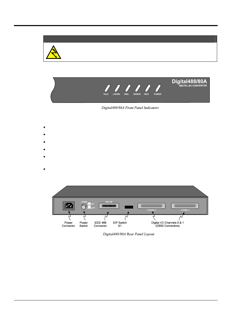 Hardware setup, Hardware setup…… 6, Outs…… 6 | Warning, Front & rear panel layouts | Measurement Computing Digital488/80A User Manual | Page 12 / 106