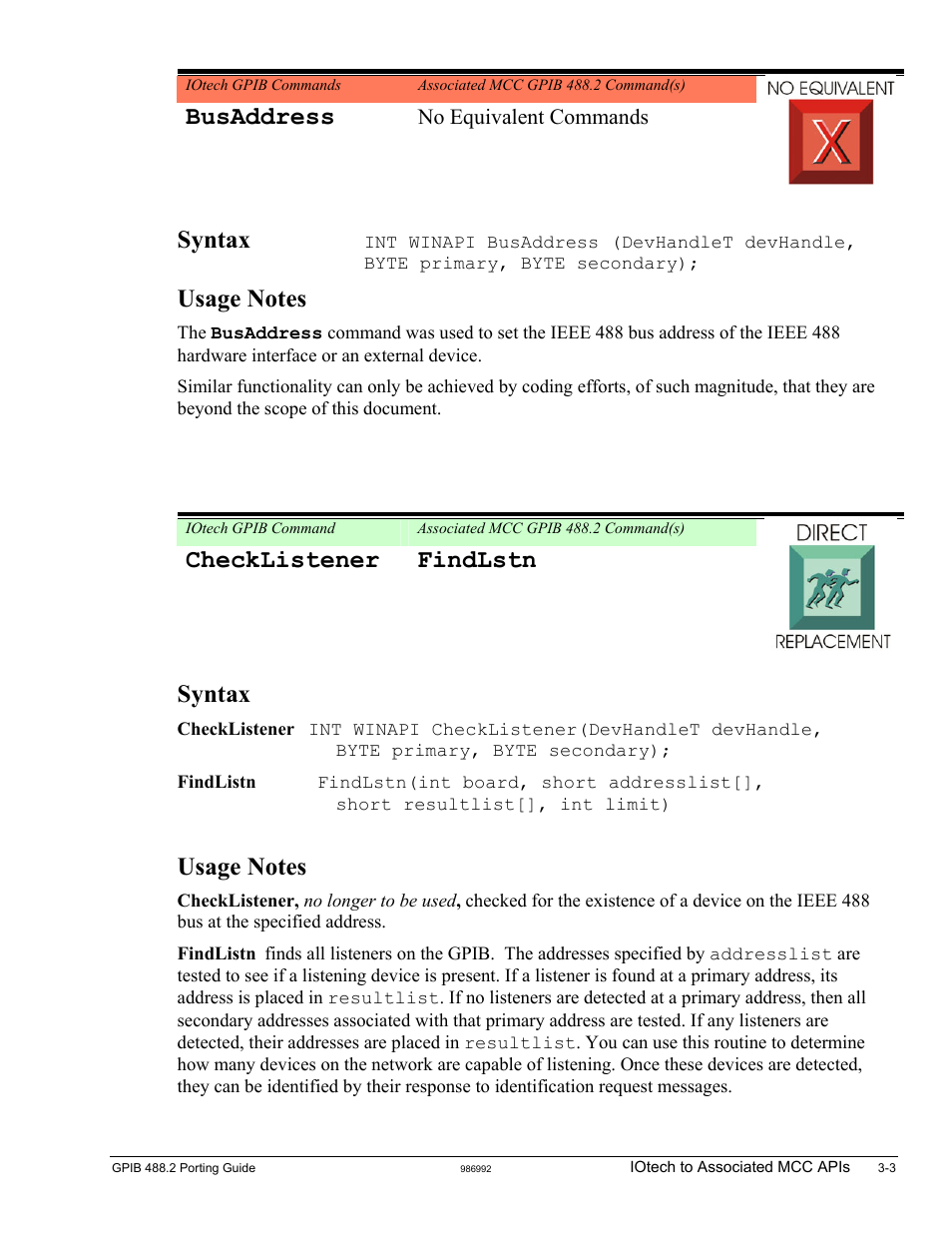 Busaddress, Checklistener, Syntax | Checklistener findlstn, No equivalent commands | Measurement Computing GPIB-488.2 User Manual | Page 21 / 64