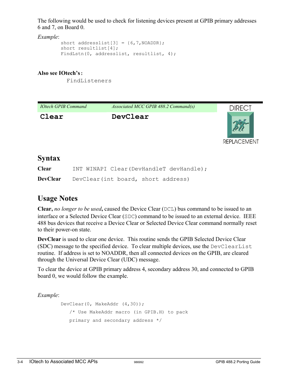 Clear, Clear devclear, Syntax | Measurement Computing GPIB-488.2 User Manual | Page 22 / 64