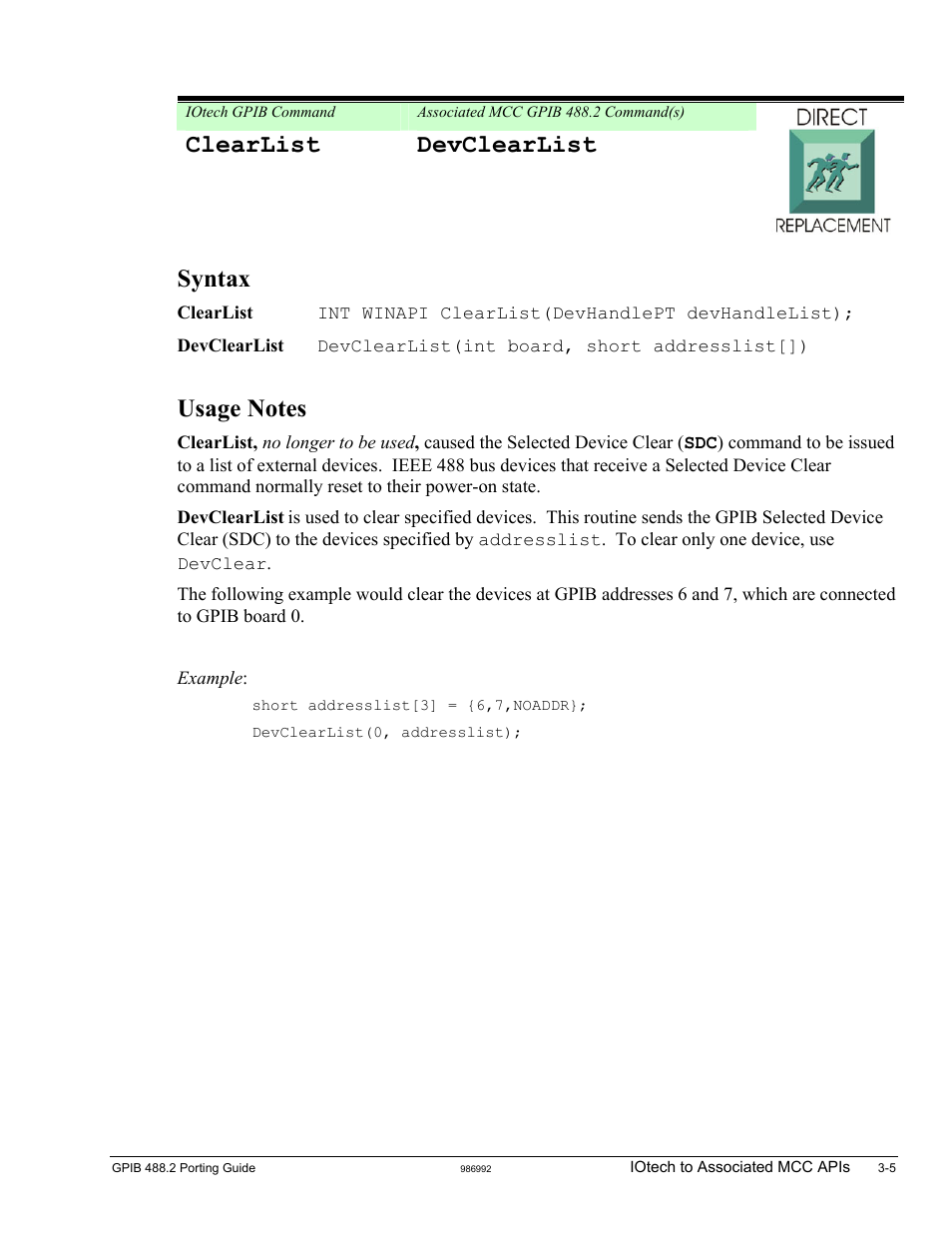 Clearlist, Clearlist devclearlist, Syntax | Measurement Computing GPIB-488.2 User Manual | Page 23 / 64