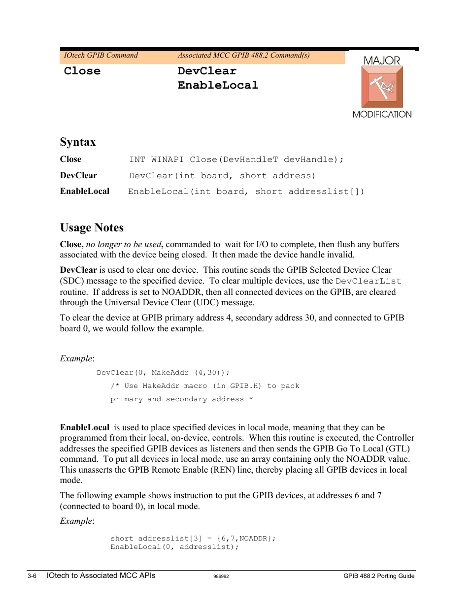 Close, Close devclear enablelocal, Syntax | Measurement Computing GPIB-488.2 User Manual | Page 24 / 64