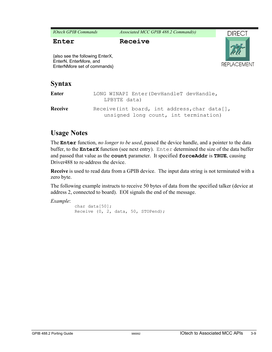 Enter, Receive, Syntax | Measurement Computing GPIB-488.2 User Manual | Page 27 / 64