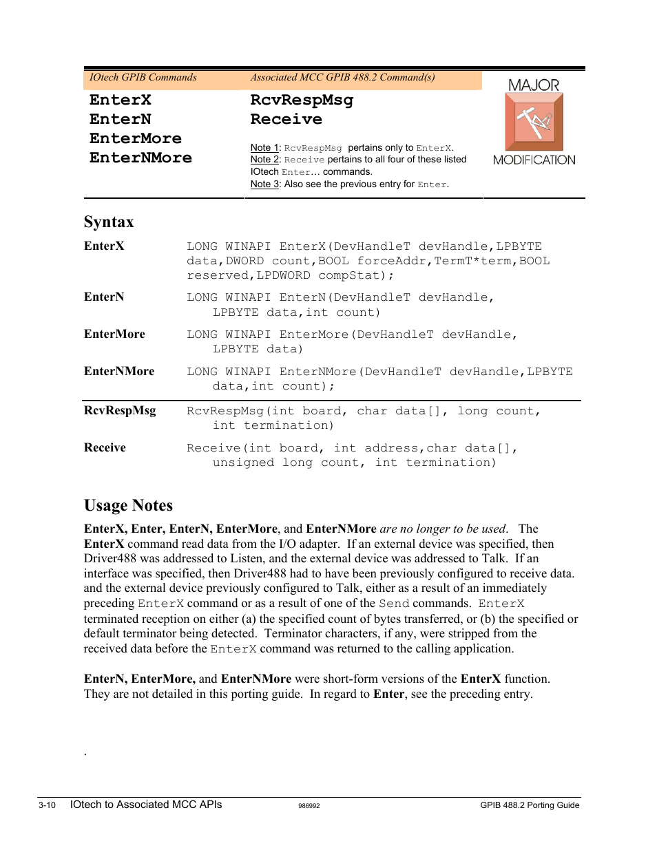 Entermore, Entern, Enternmore | Enterx, Enterx entern entermore enternmore, Rcvrespmsg, Receive, Syntax | Measurement Computing GPIB-488.2 User Manual | Page 28 / 64