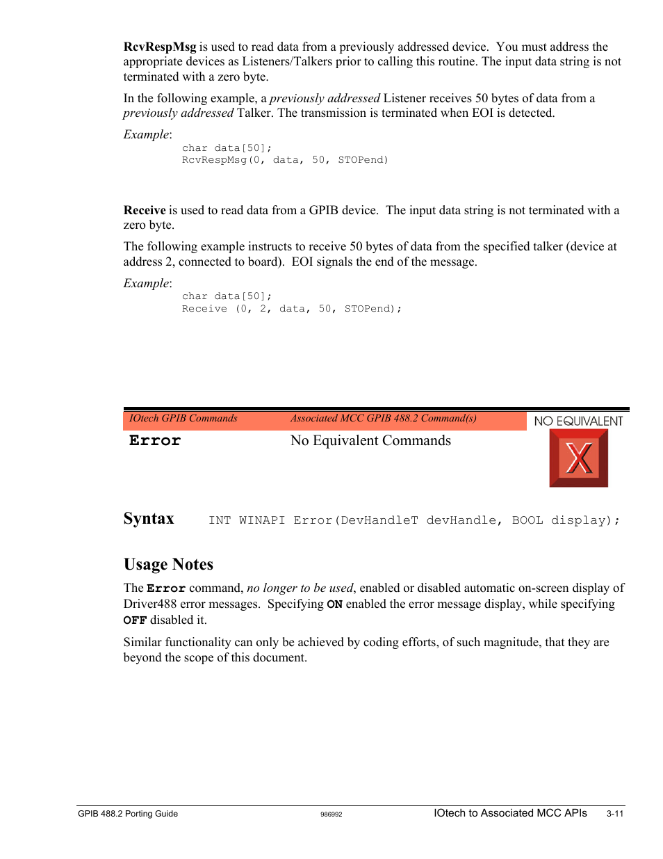 Error, Syntax, No equivalent commands | Measurement Computing GPIB-488.2 User Manual | Page 29 / 64