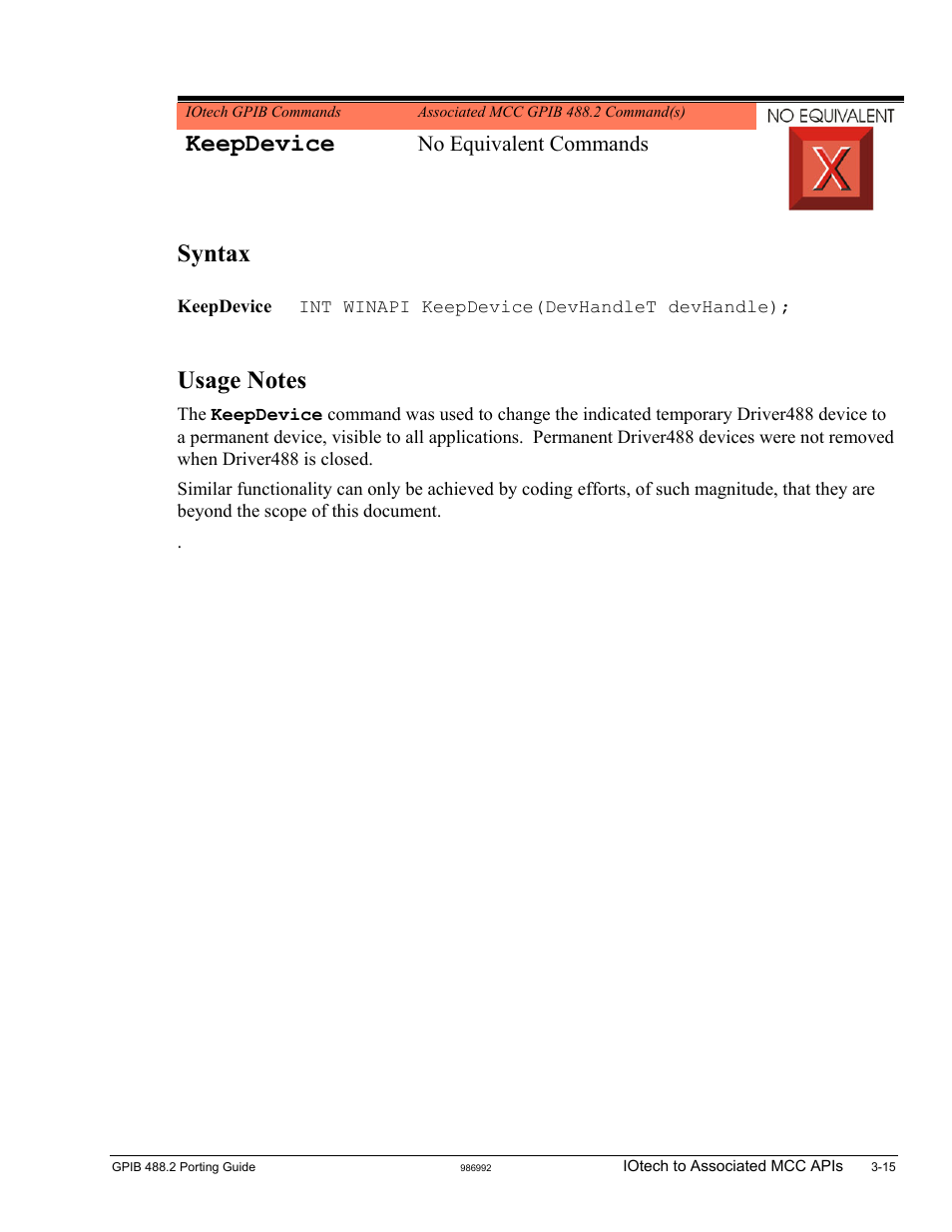Keepdevice, Syntax, No equivalent commands | Measurement Computing GPIB-488.2 User Manual | Page 33 / 64