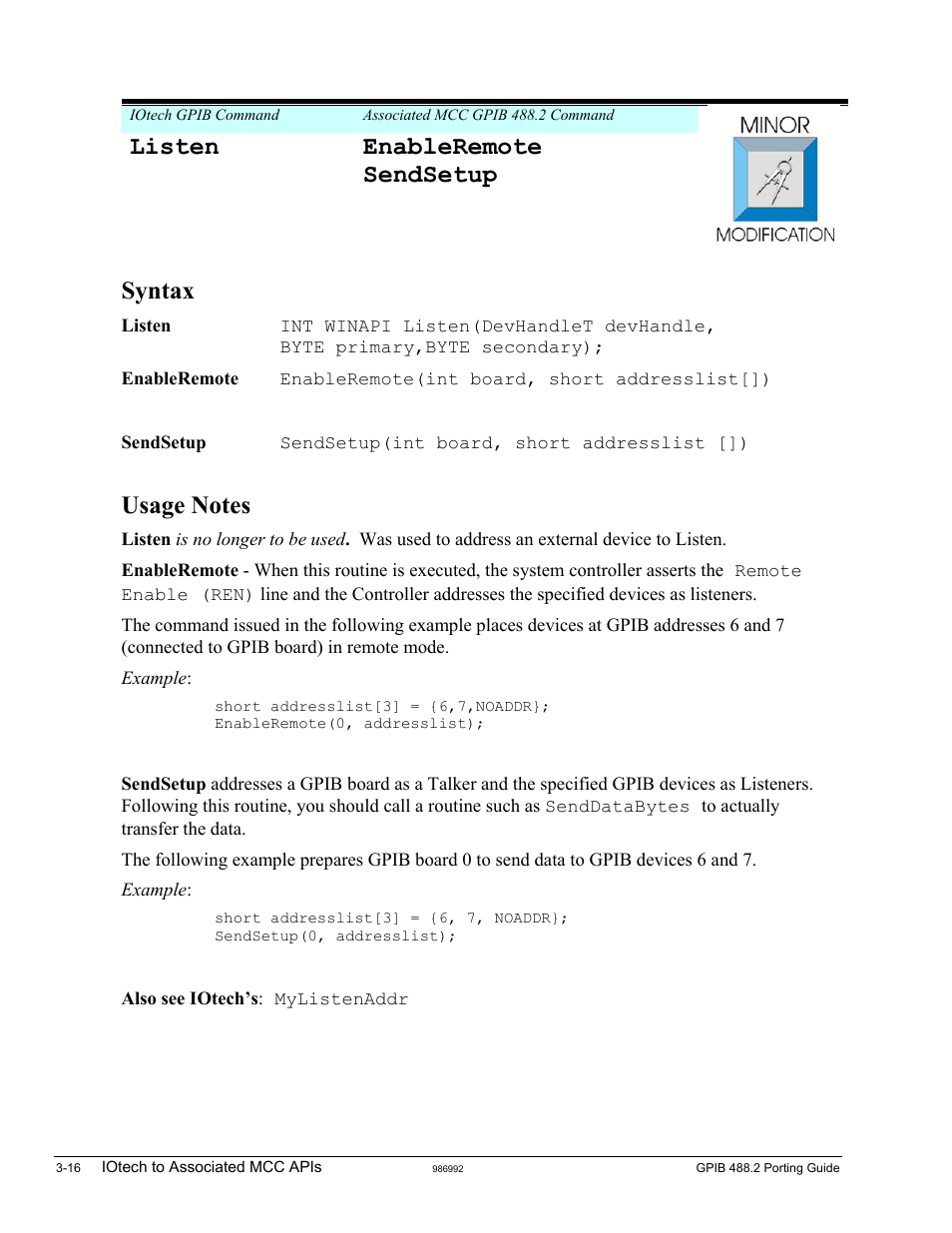 Listen, Listen enableremote sendsetup, Syntax | Measurement Computing GPIB-488.2 User Manual | Page 34 / 64