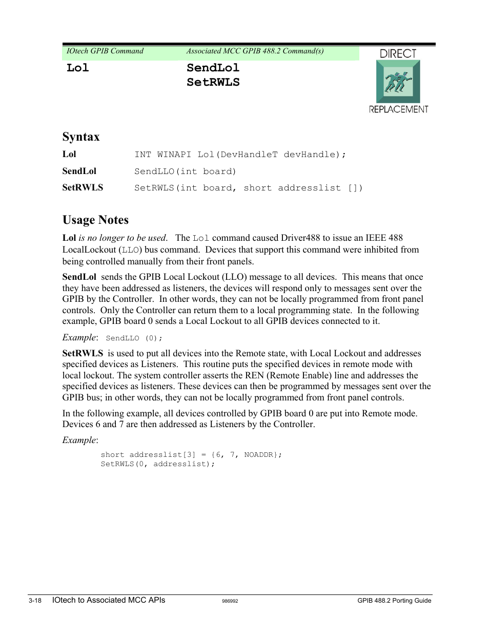 Lol sendlol setrwls, Syntax | Measurement Computing GPIB-488.2 User Manual | Page 36 / 64