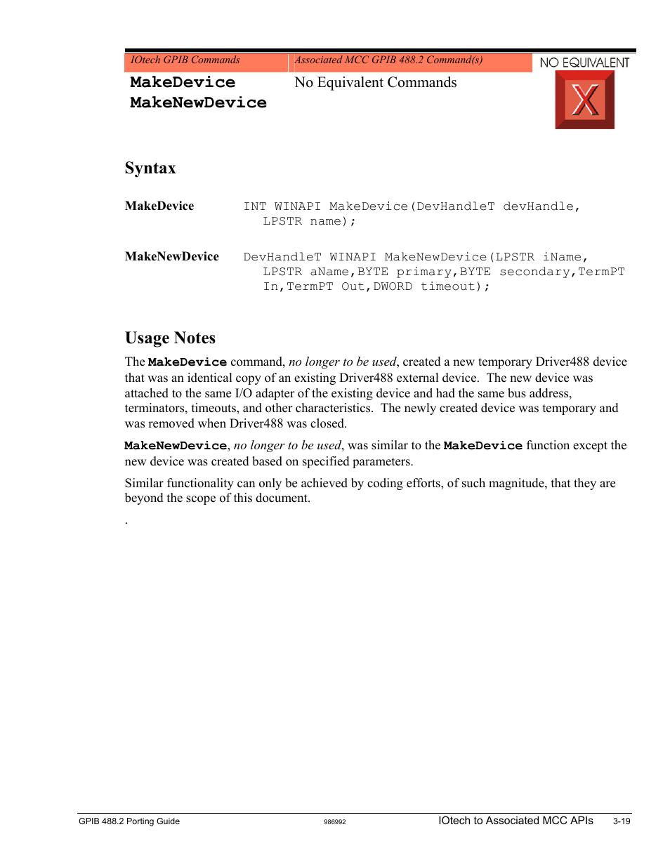 Makedevice, Makenewdevice, Makedevice makenewdevice | Syntax, No equivalent commands | Measurement Computing GPIB-488.2 User Manual | Page 37 / 64