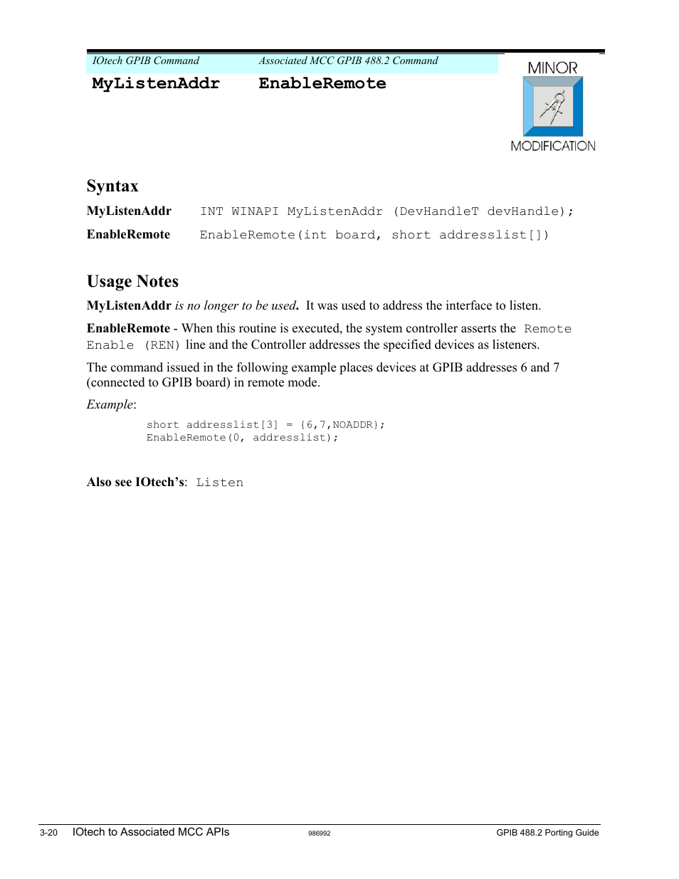 Mylistenaddr, Mylistenaddr enableremote, Syntax | Measurement Computing GPIB-488.2 User Manual | Page 38 / 64