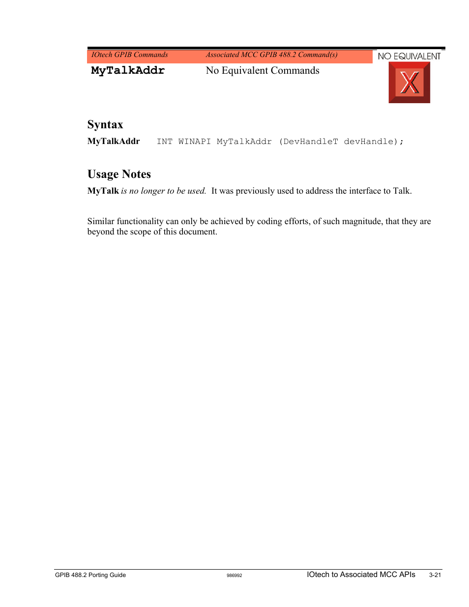 Mytalkaddr, Syntax, No equivalent commands | Measurement Computing GPIB-488.2 User Manual | Page 39 / 64