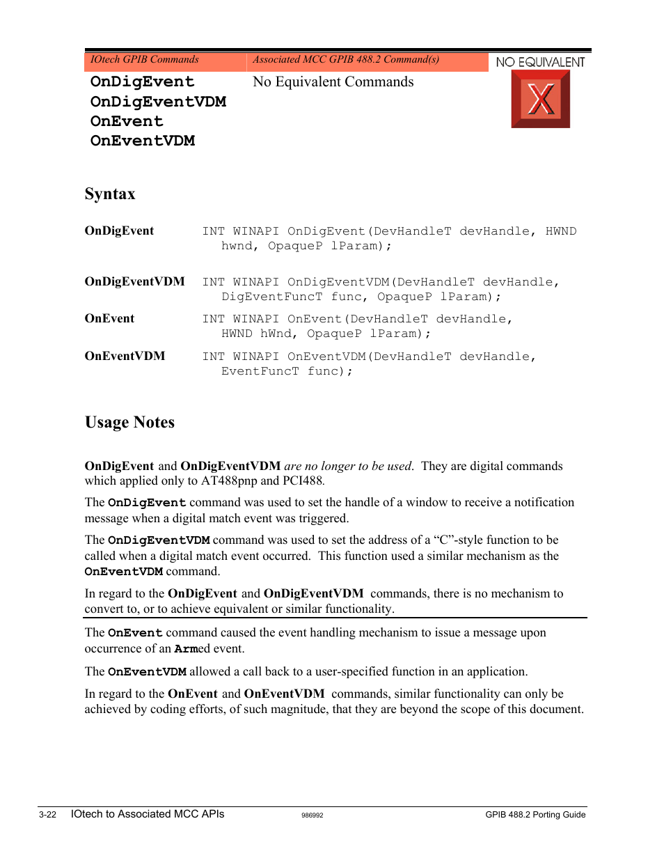 Ondigevent, Ondigeventvdm, Onevent | Oneventvdm, Ondigevent ondigeventvdm onevent oneventvdm, Syntax | Measurement Computing GPIB-488.2 User Manual | Page 40 / 64