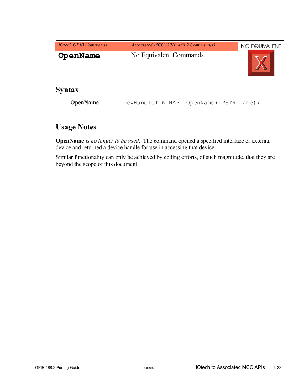 Openname, Syntax, No equivalent commands | Measurement Computing GPIB-488.2 User Manual | Page 41 / 64