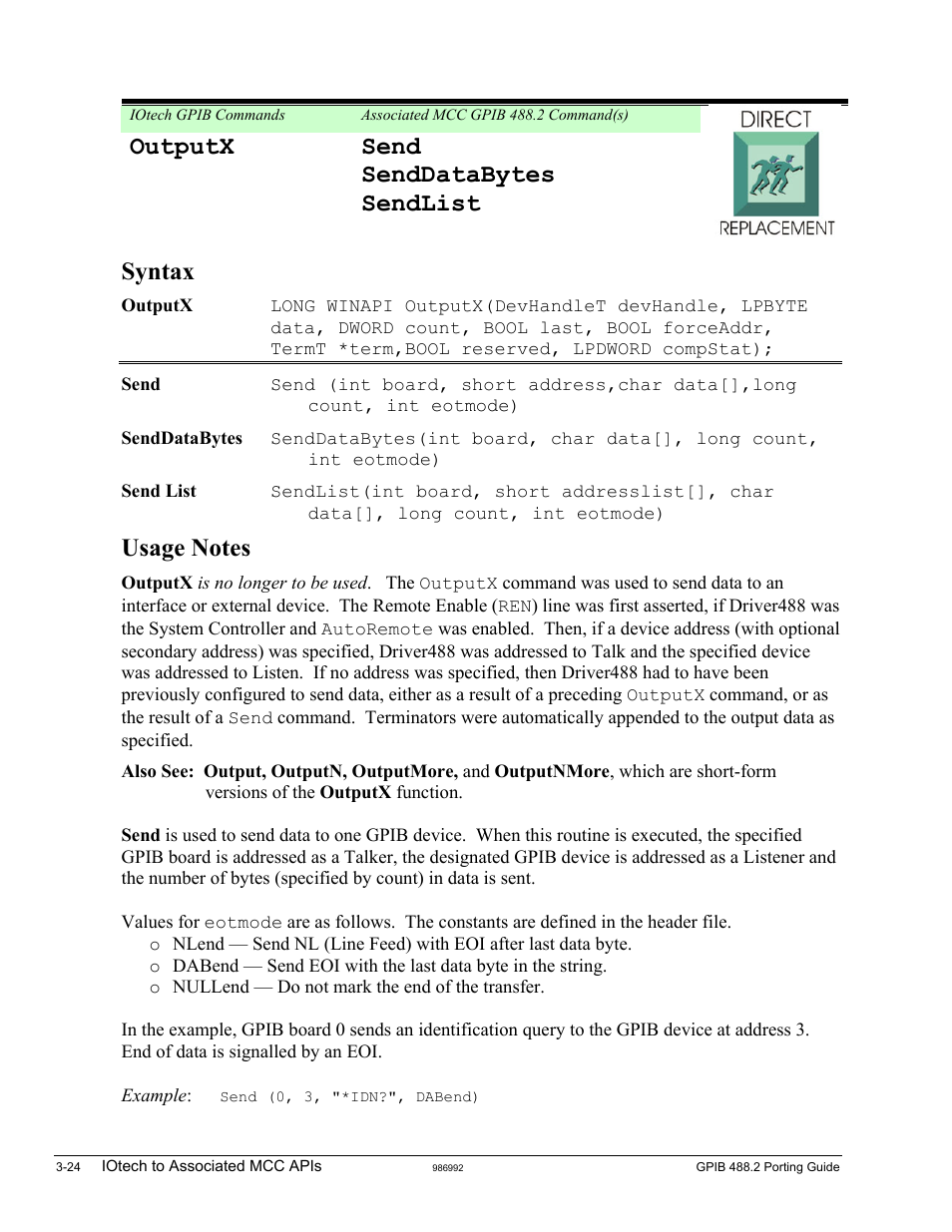 Outputx, Send senddatabytes sendlist syntax | Measurement Computing GPIB-488.2 User Manual | Page 42 / 64