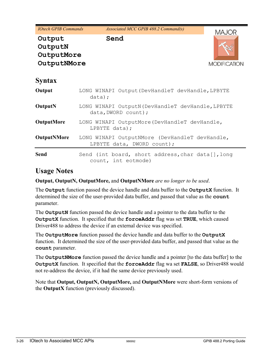 Output, Outputmore, Outputn | Outputnmore, Output outputn outputmore outputnmore, Send, Syntax | Measurement Computing GPIB-488.2 User Manual | Page 44 / 64