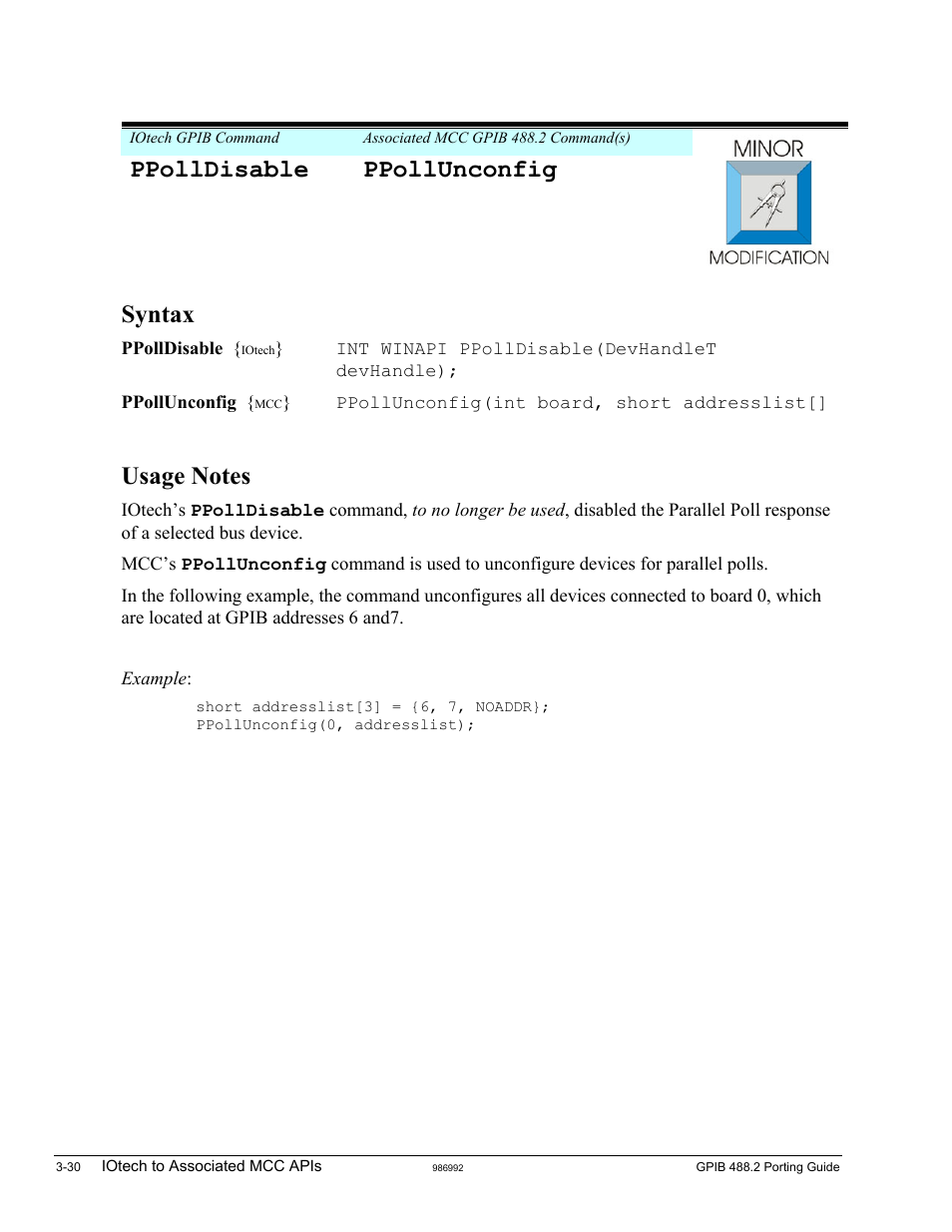 Ppolldisable, Ppolldisable ppollunconfig, Syntax | Ppollunconfig(int board, short addresslist | Measurement Computing GPIB-488.2 User Manual | Page 48 / 64