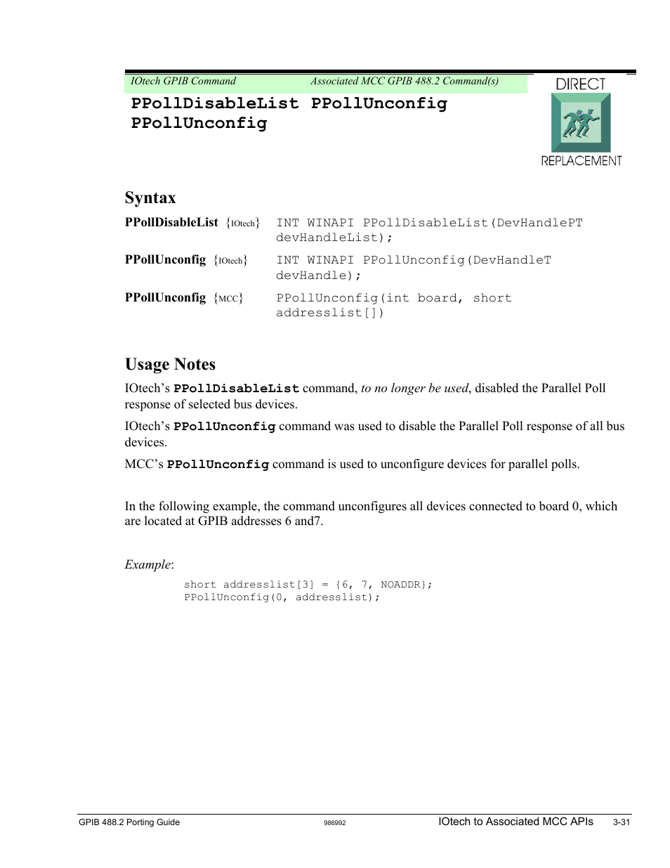 Ppolldisablelist, Ppollunconfig, Ppolldisablelist ppollunconfig ppollunconfig | Syntax | Measurement Computing GPIB-488.2 User Manual | Page 49 / 64