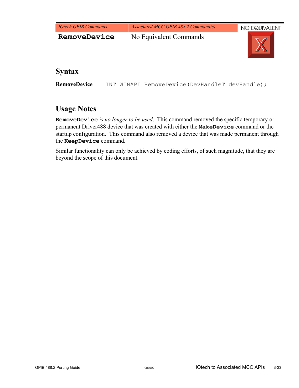 Removedevice, Syntax, No equivalent commands | Measurement Computing GPIB-488.2 User Manual | Page 51 / 64