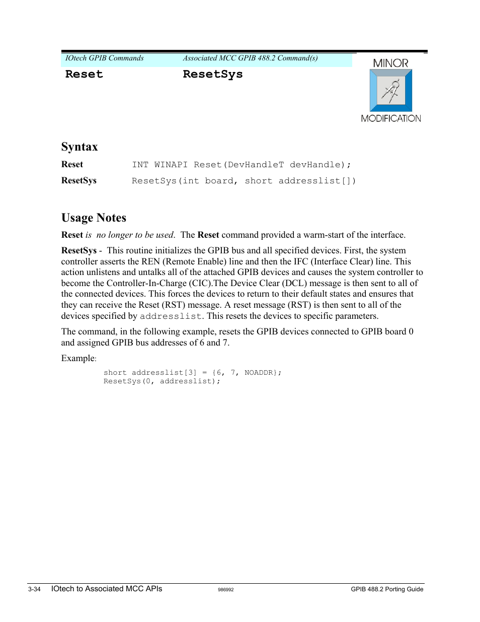 Reset, Reset resetsys, Syntax | Measurement Computing GPIB-488.2 User Manual | Page 52 / 64